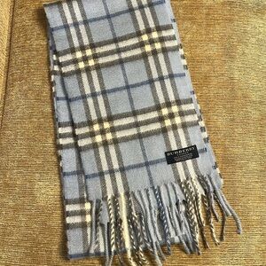 Burberry cashmere light blue , gray and white plaid scarf
